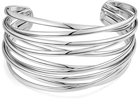 ZXQUEGF Klobige Manschettenarmbänder für Damen, mehrlagiger offener Armreif mit Kreuzdraht, verstellbar, klobiges, breites, offenes Handgelenk-Armmanschetten-Wickelarmband, Gold/Weißgold