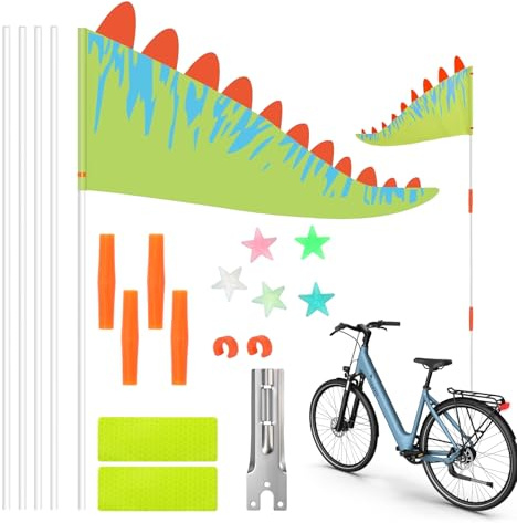 Sunyunze Fahrradfahne für Kinder Fahne Wimpel Fahrrad Kind | Fahne Fahrradanhänger Verstellbare Grüne Cartoon Warnflagge mit Bunten Fahrradspeichen Sterne Dekorationen für Kinderfahrrad