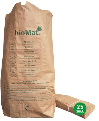 bioMat Kompostierbare Papiersäcke 60l aus Kraftpapier, 25 Papiertüten für Biotonne, 2-lagig, Reißfest, Nassfest, kompostierbar lt. EN13432