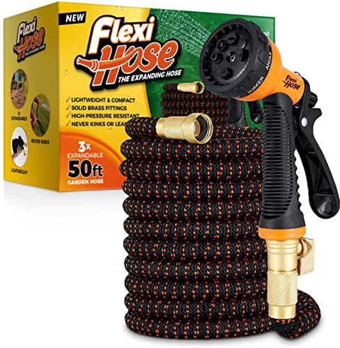 Flexi Hose Upgraded Expandable Garden Hose Pipe Including 8 Function Spray Gun Nozzle - Extra Strength with 2 cm Solid Brass Fittings - No-Kink Flexible Garden Hoses (Orange/Black 15 Metres)