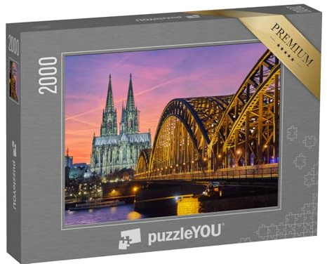 puzzleYOU: Puzzle 2000 Teile „Kölner Dom und Hohenzollernbrücke bei Sonnenuntergang“ – aus der Puzzle-Kollektion Köln, Städte, Brücken, Kirchen, Kölner Dom, Architektur, Christentum, Deutsche Städte