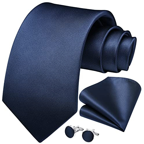 HISDERN Corbatas Azul Marino de Hombre Modernas Corbata y Pañuelo de Bolsillo Gemelos Set Boda Formal Business