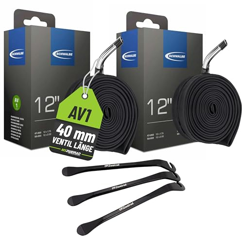 Schwalbe 2X AV1 Schlauch 12 Zoll - 47/62-203 - Autoventil 45 Grad | Inklusive MSZweirad Reifenheber, ideal fuer Kinderwagen, Roller und Kinderfahrrad, robustes Butyl, luftdicht und elastisch