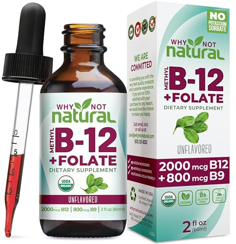 Why Not Natural Vitamin B12 Liquid Plus Folate - Organic Sublingual Extra Strength Vegan Drops - Methyl Supplement with Folinic