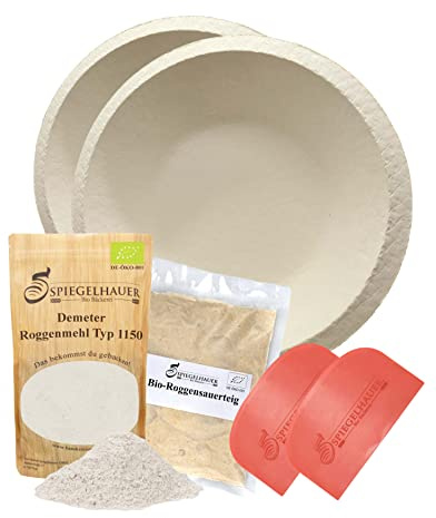 Bäckerei Spiegelhauer Sauerteig Starter Set Roggensauerteig 300 g, 2 Teigschaber, Demeter Roggenmehl Typ 1150 1 kg, 2 Gärkörbchen rund - Natursauerteig Gärkörbchen Set