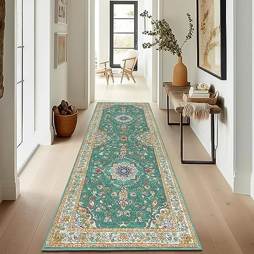 Enyhom Alfombra Pasillo Larga Pelo Corto Alfombra Cocina Lavable Antideslizante 60 x 180 cm Alfombras de Pasillo Verde Vintage Floral Tapete Cocina para Lavadero, Salón, Dormitorio, Comedor