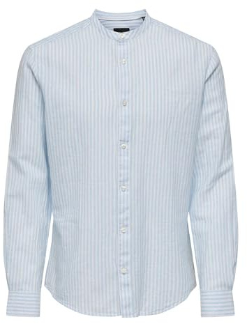 Only & Sons Men's Onscaiden Ls Mao Stripe Linen Shirt Noos Long Sleeve Shirt, Cashmere Blue, L