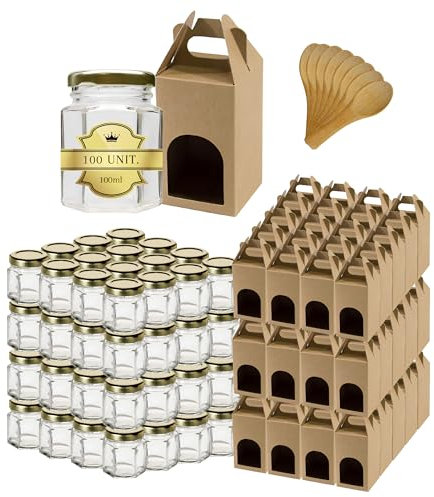 Espirito Rebelde 100x Petit Pot de Miel Hexagonal avec Couvercle 100 ml + 100x Boîte Kraft pour 1 Pot + 100 Cuillères- Idéal pour la Conservation de Miel, Confiture, Épices, Yaourt