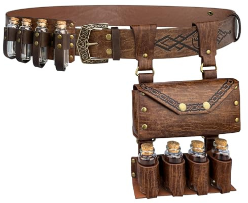 EpicCos Lot de 3 ceintures Alchemista médiévale avec sac, plusieurs sacs pour potions, ceinture Viking avec clous et sac latéral pour Cosplay, Marron C, Taglia Unica, Lot de quatre bouteilles