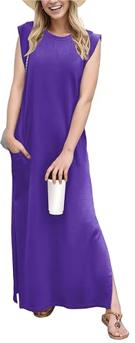 GRECERELLE Womens Summer Maxi Dress Casual Shirt Dresses Elegant Styles Basic Sleeveless Maxi Dresses for Women UK with Split and Pockets