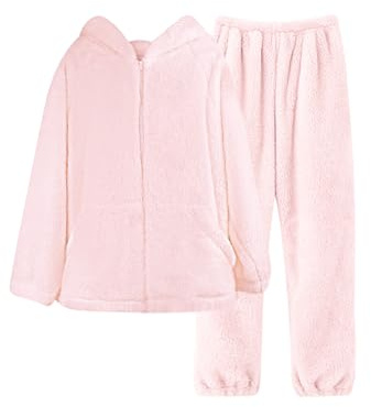POWER FLOWER Set Pigiama in Pile Morbido da Donna – Completo Lounge 2 Pezzi Morbido e Ampio con Giacca con Zip, Abbigliamento da Notte Caldo per l’Inverno (LY216-Pink, XL-XXL)