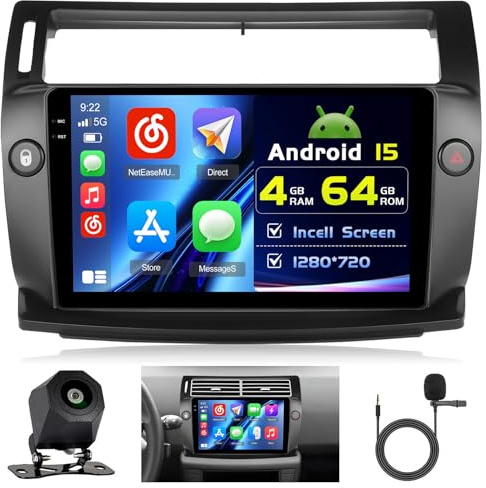 Hikity 4+64G 9 Radio Android 15 para Citroen C4 2004-2009 Wireless CarPlay | Incell Pantalla Táctil Carplay Autoradio 2 DIN GPS Navi Bluetooth 5.0 WiFi FM/RDS Cámara Trasera EQ 4+64G
