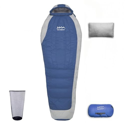 HLITMOUT Ultraleicht Daunenschlafsack mit Kissen | Leichter und Kleiner,3~4 Jahreszeiten,680FP Daune, Mumienschlafsack,Wandern und Trekking