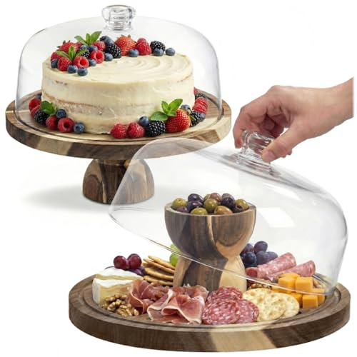 Wellhaus Tagliere per formaggio con coperchio, 2 in 1, in legno e Charcuterie Board per snack, formaggio, tagliere da cucina, piatto rotondo per torte, ideale per antipasti e dessert