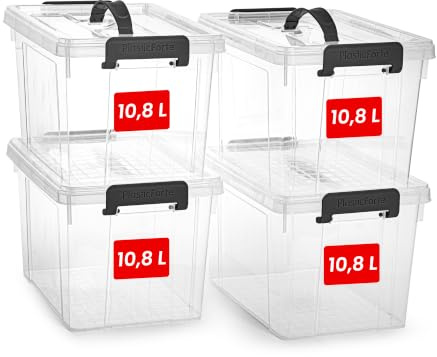 PlasticForte – Pack de Cajas de Almacenamiento con Asa de Transporte - Plástico Resistente, Apilables, Transparentes - Organizador (Negro, Pack 4, 10.8, Litros)