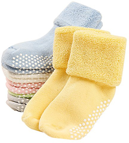 VWU Pack de 6 Pares Calcetines Bebé Unisexo Antideslizante Grueso Medias Niñito Algodón 0-1/1-3 Años (0-1 Años, Blanco Gris Azul Verde Amarillo Rosa)
