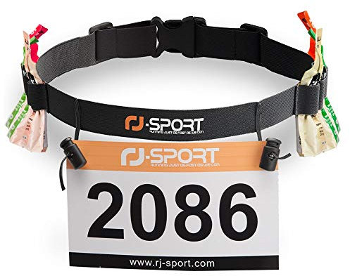 RJ-Sport Triathlon Startnummernband Laufgurt mit Nummernhalter & 6 Gel-Halter für Joggen Radfahren Marathons, Schwarz