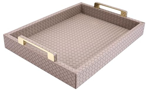 VOVOGERATTO Serviertablett aus Kunstleder, 40,6 x 30,5 cm, großes, rechteckiges Ottoman-Tablett mit goldfarbenen Griffen, Zimtrosa, gewebtes dekoratives Tablett für Couchtisch, Wohnzimmer, Küche