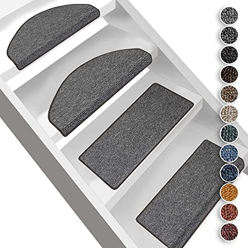 FLODI. Carpet Stair Treads Non Slip, London, Set of 15 Pieces, Carpet Step Mats Self Adhesive Staircase Runner Pads (Dark Grey, Semicircular - 19 x 56 cm)