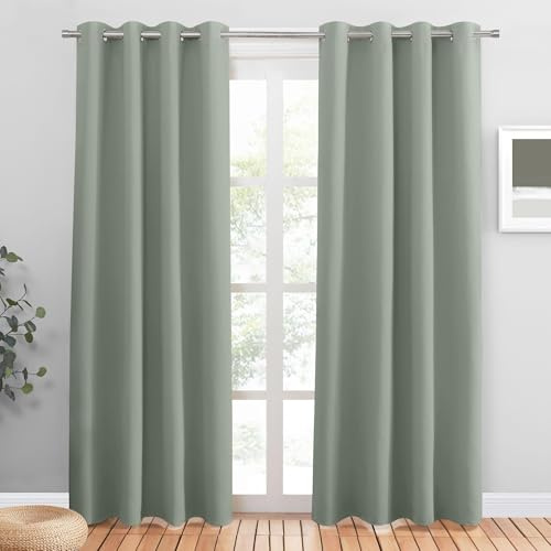 PONY DANCE Blackout Bedroom Curtains, Sage Green, 2 Panels, 46 x 90 Inch | Eyelet Thermal Insulated 90 Inch Long Curtains for Living Room, Room Darkening, Energy Saving, Privacy, Super Soft Drapes