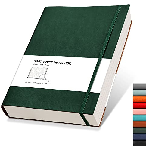 RETTACY Carnet de Notes Ligné B5 – Journal épais avec 320 pages numérotées, 1 poche arrière et couverture souple de haute qualité, pour femmes et hommes, au bureau ou à l'école, 19 x 25 cm - Vert