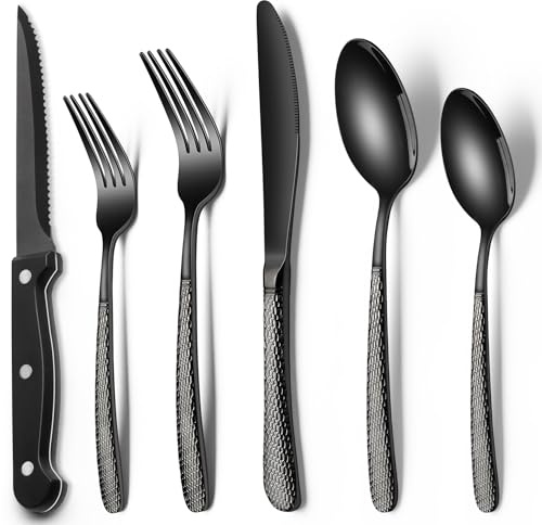 EWFEN 24-Piece Black Silverware Set with Steak Knives, Black Flatware Set for 4, Food-Grade Stainless Steel Tableware Cutlery Set, Mirror Finished Utensil Sets for Home Restaurant, Round Hammered