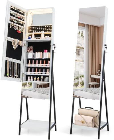 COSTWAY Schmuckschrank mit Spiegel, Spiegelschrank abschließbar mit 3 farbigen LED Beleuchten, Schubladen & Ablage, Schmuck Organizer freistehend für Schlafzimmer, Wohnzimmer (Weiß)