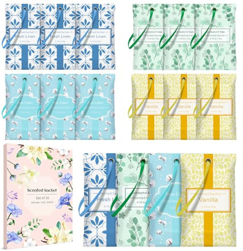 SCENTORINI Sacchetti Profumati per Cassetti, Armadi, Bagno ecc 10g x 16 Bustine, 4 Profumazioni, Lino, Cotone, Salvia Eucalipto, Vaniglia