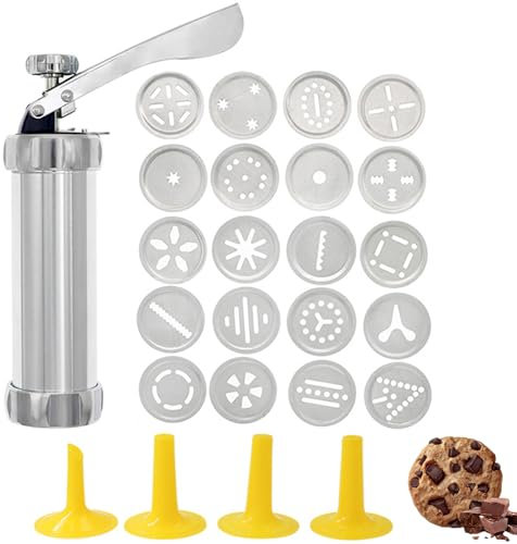 OmePS Cookie Press Machine, Churro Maker Machine, Cookie Maker with 20 Cookie Press Discs and 4 Nozzles, Quality Alluminum Alloy Body, for Home Diy Biscuit and Cake Decorating