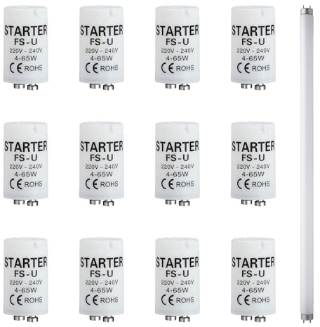 Eiaigky Pack de 12 Starter Neon 4-65W 220-240V, Ampoule Tube Fluorescent Starter, Starter pour Tubes Néon et Lampes, Starter de Remplacement Efficace pour Éclairage Résidentiel et Commercial