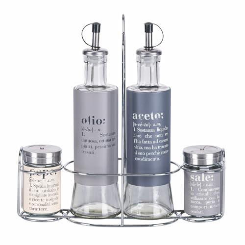 Villa d'Este Home Tivoli Set condimento olio, aceto, sale e pepe in vetro e acciaio inox, stand in acciaio, grigio, Victionary