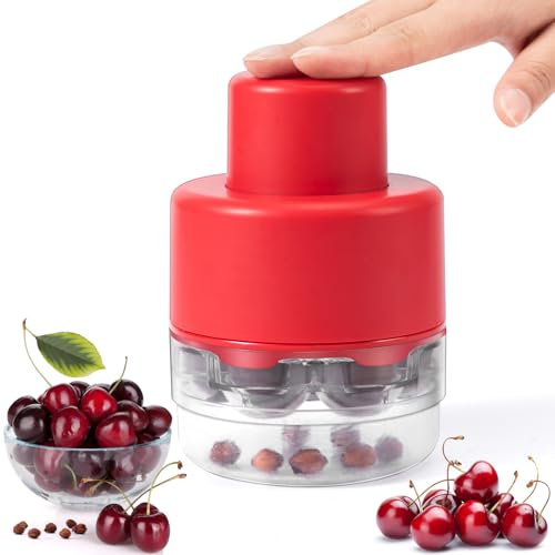 SCHVUBENR 7-IN-1 Large Cherry Pitter Tool - Portable Cherry Corer Pitter with Ergonomic Push Design - Easy to Use for Making Cherry Jam - Pit 7 Cherries at Once, Saving Time & Effort - Red