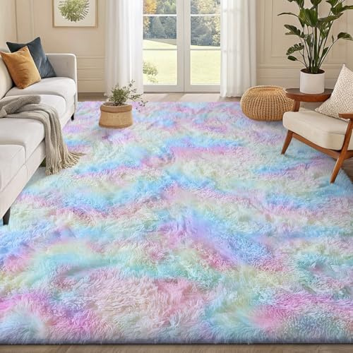 smiry mattor vardagsrum 120 x 160 cm, mattor för sovrum, maskintvättbar halkfri mjuk fluffig lurvig tie-dye golvmatta för barn, flickor och pojkar, barnkammare, regnbåge