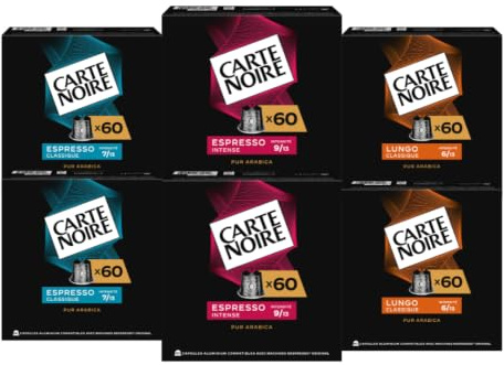 CARTE NOIRE - Assortiment Capsules Café Compatibles Nespresso® - N°6 Lungo, N°7 Classique, N°9 Intense - Café Arabica - Lot de 6 x 60 Capsules Aluminium - Fabriqué en France