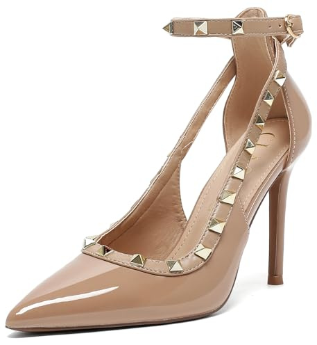 BiuYorBTY Womens Closed Toe Pointed Toe Pumps Heels, Buckle Ankle Strappy Dress Shoes for Women, Ladies Sexy Stiletto High Heeled Sandals Nude