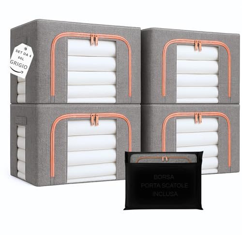 4 Scatole per Armadio Rigide con Cerniera da 66L, Set da 4 Contenitori per Armadio Salvaspazio, Organizer Armadio con Struttura in Metallo Pieghevole (66L (50x40x33cm), 4, unità)