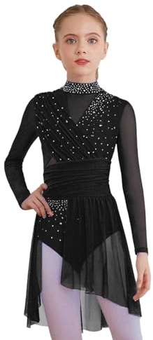 Sywiyi Vestito da ragazza per pattinaggio artistico con glitter a maniche lunghe, abito da ballo, leotardo con gonna per bambini, balletto, allenamento, palcoscenico, Nero , 158 cm-164 cm