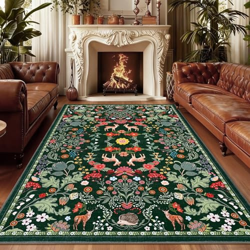 Alishomtll Teppich Läufer Grün, Vintage Blumen Pflanzen Teppich 140x200 cm | Rutschfest Waschbar Küchenteppich, Weich Kurzflor Flurläufer Teppich für Wohnzimmer Schlafzimmer Kinderzimmer Küche Eingang