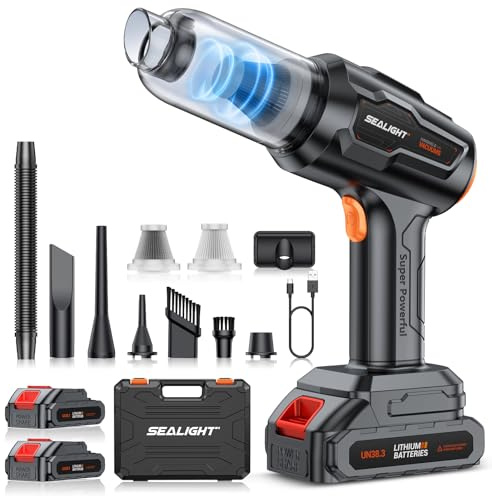 SEALIGHT Aspirabriciole Senza Fili, 9-in-1 Aspirapolvere per Auto, 2 Batterie Ricaricabili con Motore Senza Spazzole, Mini Aspirapolvere Potente per Casa, Ufficio, Auto, Capelli, Argento