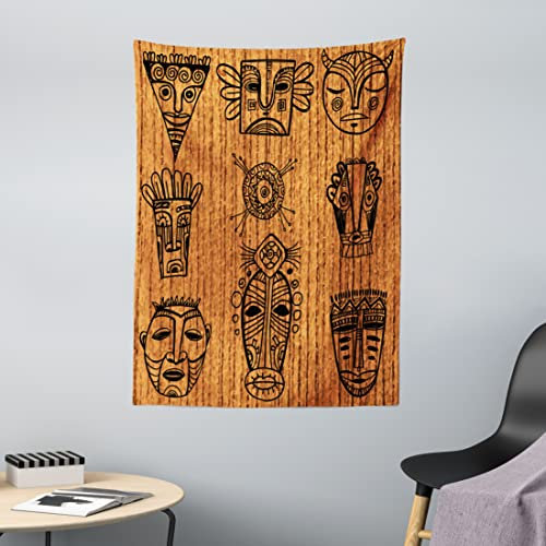 ABAKUHAUS afrikanisch Wandteppich, Einheimische Masken aus Weiches Mikrofaser Stoff Waschbar ohne Verblassen Digitaldruck, 110 x 150 cm, Schwarz Braun