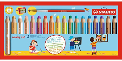 STABILO® Farbstift woody 3 in 1, mit Pinsel + Spitzer, Minen-Ø: 10 mm, Schreibfarbe: 18er sortiert (18 Stück), Sie erhalten 2 Packungen á 18 Stück