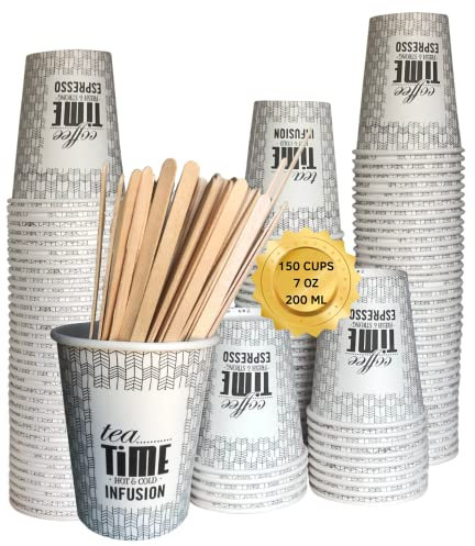 Gobelets jetables Café 200 ml (7 Oz) Gobelets à café jetables en carton pour café, thé, eau, boissons chaudes et froides, verres à café à emporter (150 palettes en bois)