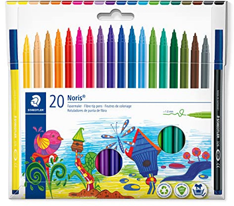 Staedtler Fasermaler Noris, Tinte mit Lebensmittelfarbstoffen auf Wasserbasis, Kappe mit Atemluftkanal, Linienbreite 1,0 mm, 20 Filzstifte in sortierten Farben im Kartonetui, 326 C20