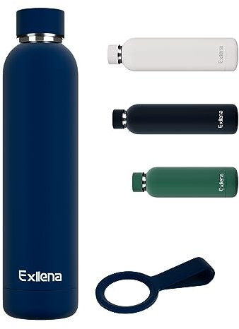 Exllena Insulated Water Bottles 750ml with Clip, Double Wall Vacuum Drinks Bottle Keeps Drinks Cold 24 Hrs/Hot 12 Hrs, Stainless Steel Water Bottle BPA Free (Dark Blue)