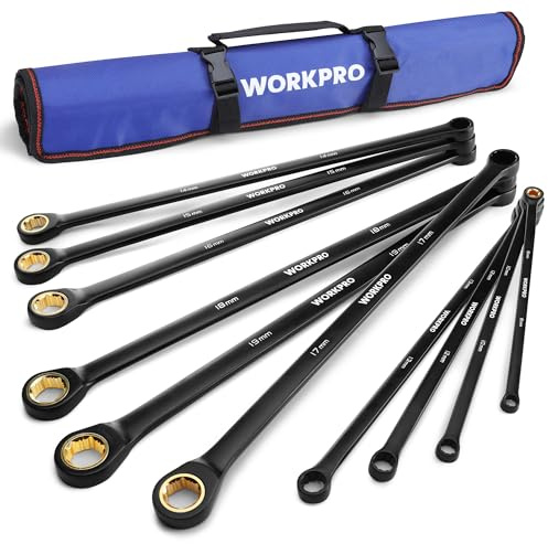 WORKPRO Extra Long Ratcheting Wrench Set, 10-Piece Anti-Slip Double Box Wrenches Set, Metric 8-19 mm, 72-Teeth, Cr-V Steel and Black Electrophoretic Coating Wrenches with Rolling Pouch
