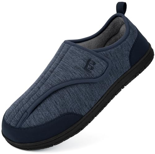 LongBay Men's Wide Fit Slippers Cozy Memory Foam House Shoes with Adjustable Hook-and-Loop Comfort for Swollen Feet Navy blue 9