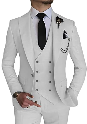 Abito elegante 3 pezzi per Uomo Completo da Ballo di Matrimonio a Doppio Petto 1 Bottone Giacca Gilet Pantaloni Completo Formale, bianco, S