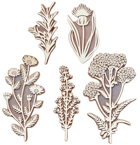 Botanical Block Print Wood Stamps - 5 Piece Vintage Flower and Plant Set for Walls, Cardboard, Fabric