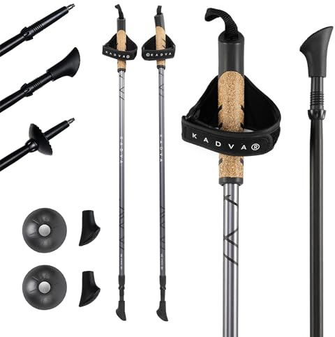 KADVA Bastoncini da Nordic Walking ARUKU in Nero, misura regolabile 83-135 cm Sistema Twist Lock che garantisce stabilità e sicurezza Riduzione delle vibrazioni Punta in acciaio