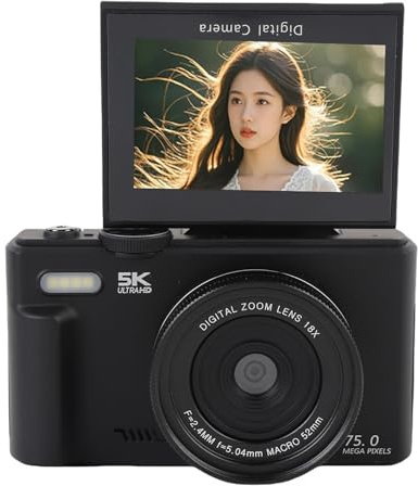 Caméra Numérique 5K UHD, 75MP 18X Zoom WiFi Autofocus Point et Photographiez Un Petit Appareil Photo avec Un écran de Flip de 3 Pouces Fil Flash Light Compactable Portable pour